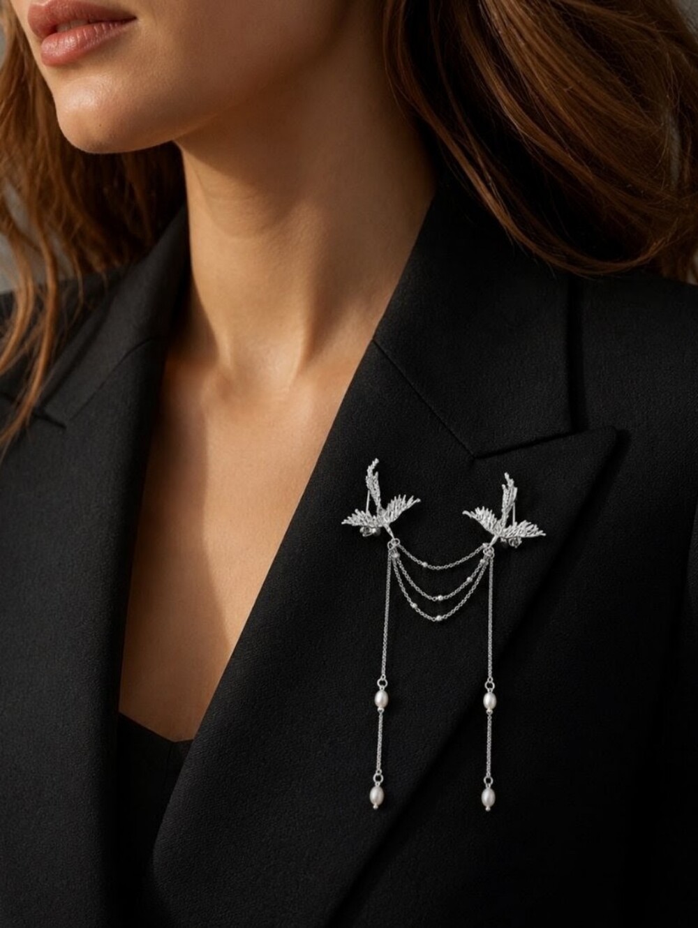 Pick 3 for $30 - Draped Chain Silver Bird Brooch